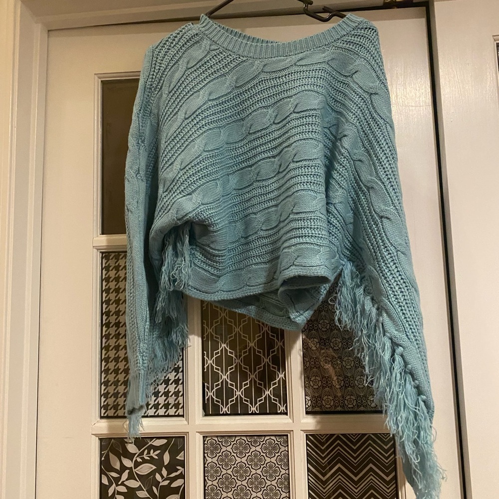 Fringed Cable Knit Sweater - Blue